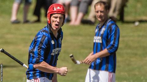 Kingussie's Ronald Ross celebrates a goal against Kinlochshiel in the Camanachd Cup