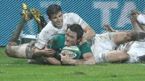 Ireland's Barry Daly is tackled into touch