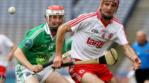 Fermanagh's Paul McGoldrick battles with Tyrone's Ryan Winters in the Lory Meagher Cup final