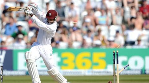 Kieron Powell is bowled in the Trent Bridge Test