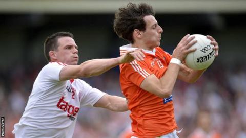 Tyrone's Aidan McCrory challenges Jamie Clarke