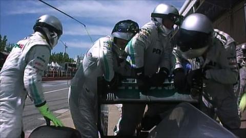 Mercedes mechanics struggle to fix broken DRS