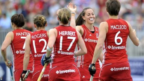 Great Britain's Emily Maguire celebrates the third goal against Ireland