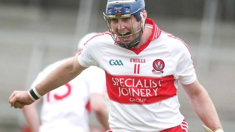 Paddy McCloskey celebrates after scoring a goal against Armagh