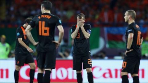Holland's players are dejected after conceding a second goal