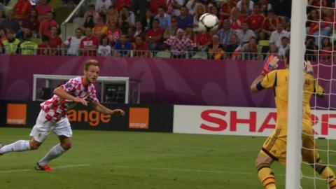 Croatia's Ivan Rakitic misses with header against Spain