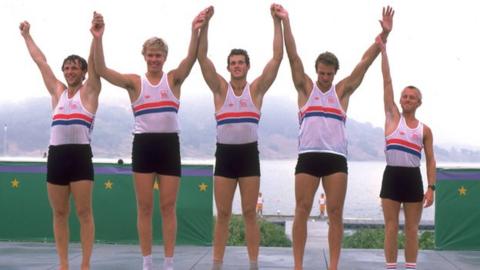 The gold-medal winning coxed fours at Los Angeles, 1984