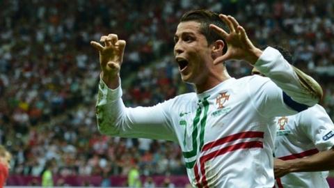 Cristiano Ronaldo celebrates scoring against the Czech Republic
