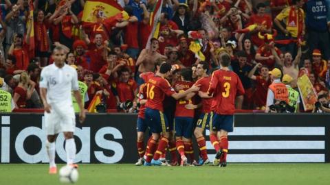 Spanish players celebrate Xabi Alonso's opening goal