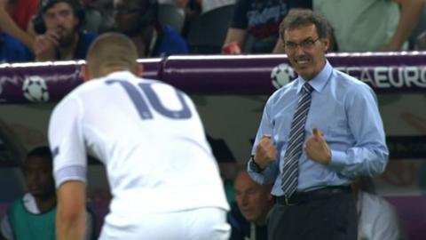 French manager Laurent Blanc tries to motivate Karim Benzema