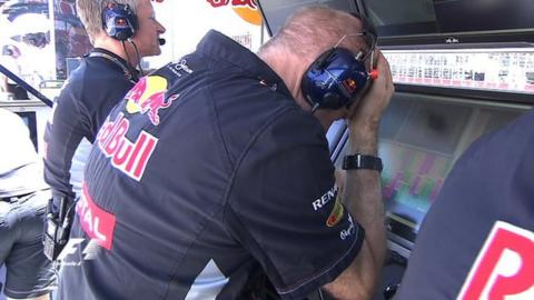 Red Bull's Adrian Newey reacts to Sebastian Vettel's race exit