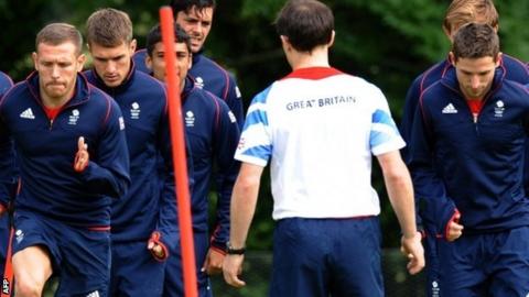 Craig Bellamy, Aaron Ramsey, Neil Taylor and Joe Allen train with the GB Olympic football team