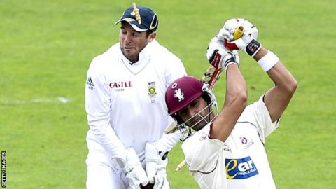 Mark Boucher is hit in the eye by a bail at Taunton