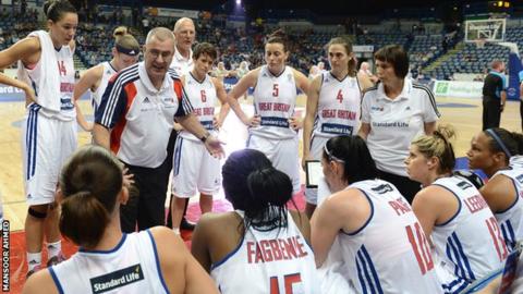 GB women in a time out with coach Tom Maher