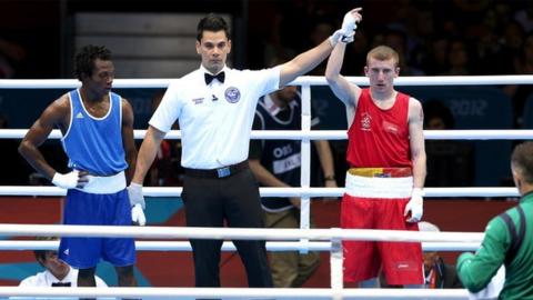 Paddy Barnes is declared the winner at the ExCel Arena