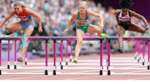 Derval O'Rourke (centre) clears a hurdle in Monday's heats