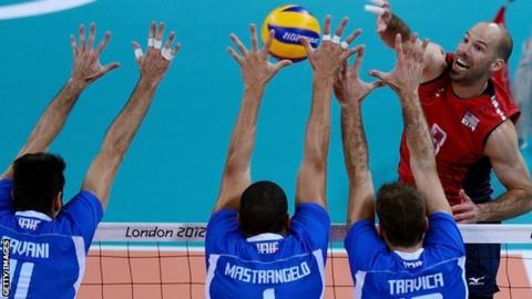 William Priddy of the US faces the Italian team during the men's quarter-final