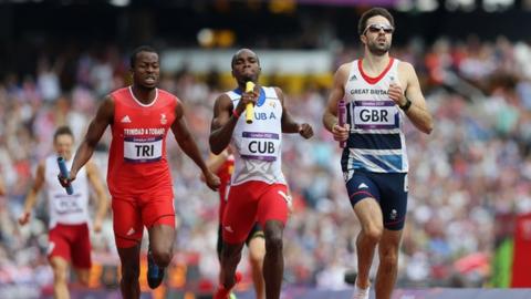 Martin Rooney of GB finishes the 4X400m relay