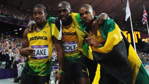 Jamaica's Yohan Blake, Usain Bolt and Warren Weir