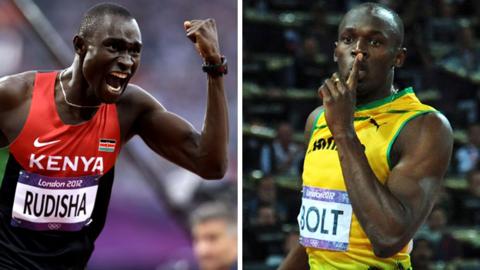 David Rudisha and Usain Bolt celebrate Olympic victory