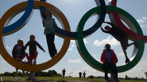 Children playing on Olympic rings at Eton Dorney