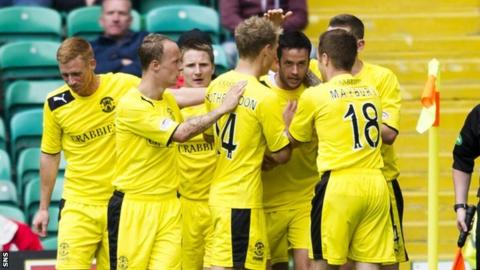 Hibernian celebrate Tim Clancy's goal at Celtic Park