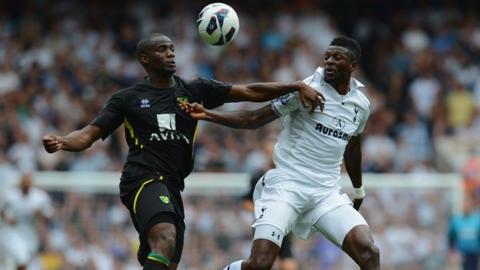 Norwich defender Sebastien Bassong and Emmanuel Adebayor of Spurs