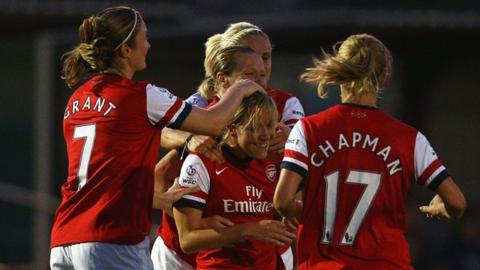 Gemma Davison (centre) is congratulated after scoring