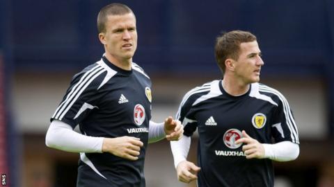 Caldwell (left) in training with Scotland team-mate Ross McCormack