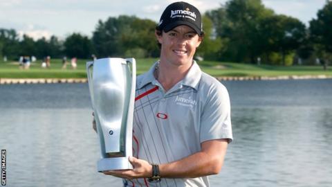 Rory McIlroy holds his latest trophy after his BMW Championship win at Crooked Stick on Sunday