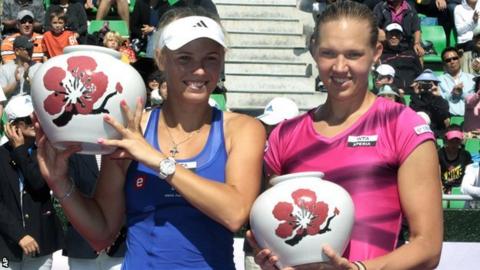 Caroline Wozniacki (left) with beaten opponent Kaia Kanepi