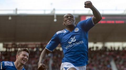 Leicester striker Lloyd Dyer celebrates after scoring his side's late winner.