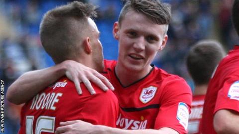 Cardiff City goal scorers Craig Noone and Joe Mason celebrate