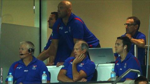 Adam Trypas along with Wayne Bennett's coaching team at Newcastle Knights