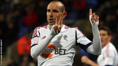 Martin Petrove celebrates his goal for Bolton against Cardiff