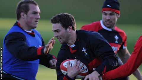 Gethin Jenkins, George North and Mike Phillips during Wales training