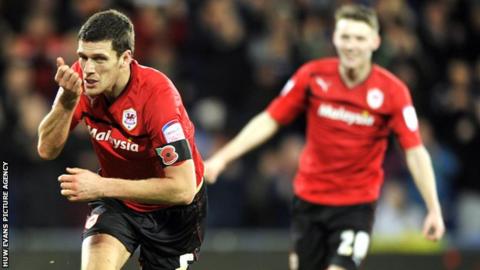 Mark Hudson celebrates after scoring Cardiff's second goal