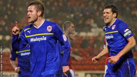Cardiff City's Aron Gunnarsson celebrates his goal against Barnsley