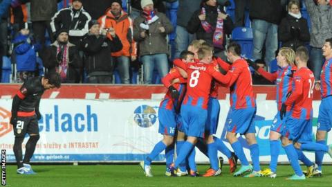 Plzen celebrate their winner against Atletico Madrid