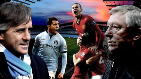 Roberto Mancini, Carlos Tevez, Wayne Rooney and Sir Alex Ferguson