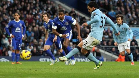 Manchester City striker Carlos Tevez takes a penalty against Everton