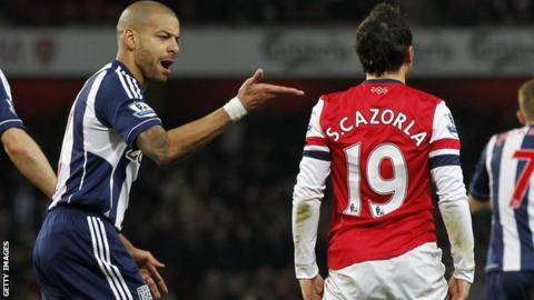 West Brom right-back Steven Reid (left) says he did not make contact with Arsenal's Santi Cazorla