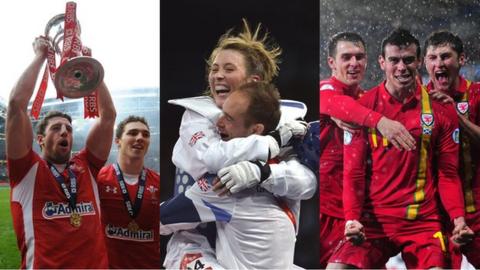 Rugby wing Alex Cuthbert celebrates the Grand Slam; Jade Jones wins taekwondo Olympic gold; footballer Gareth Bale scores the winner in a World Cup qualifier against Scotland