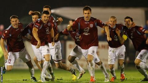 Hastings United celebrate their penalty win
