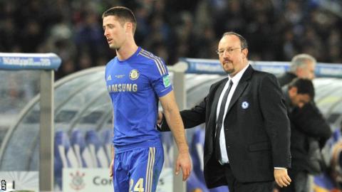 Gary Cahill is consoled by manager Rafael Benitez