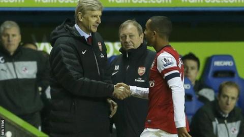 Arsene Wenger and Theo Walcott shake hands as the England player leaves the pitch
