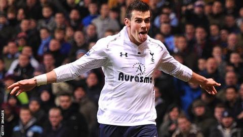 Tottenham winger Gareth Bale celebrates at Villa Park