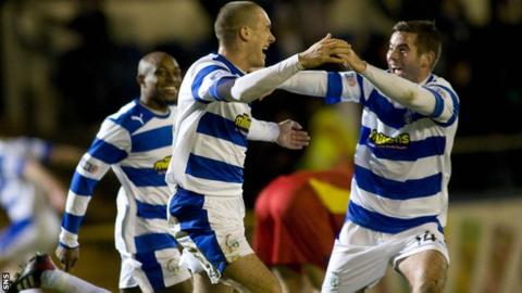 Michael Tidser (centre) celebrates his second goal for Morton