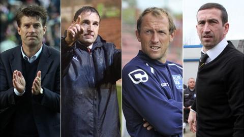 Swansea manager Brian Laudrup, Cardiff manager Malky Mackay, Wrexham player-manager Andy Morrell, Newport manager Justin Edinburgh