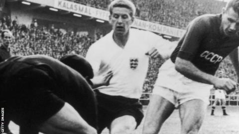 Lev Yashin saves from Derek Kevan for USSR against England, (Gothenburg, World Cup, 1958)